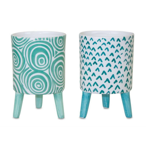 Set of 2 Green and Blue Abstract Mini Pots with Legs 6" - IMAGE 1