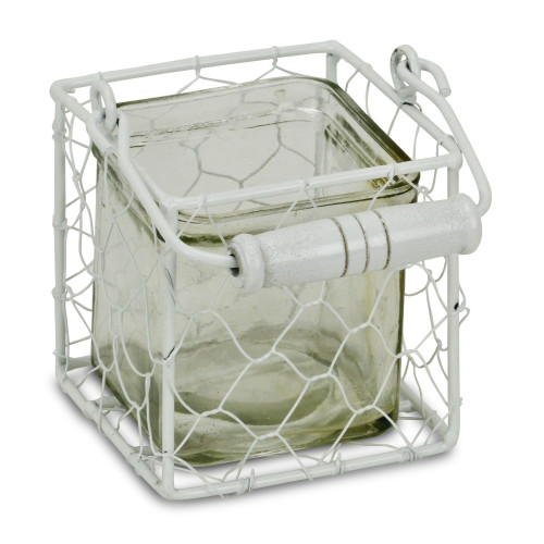 3.5" Clear and White Square Glass Jar in Wire Basket with Handle - IMAGE 1