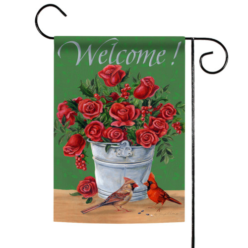 Red and Green Crimson Cardinals and Roses Outdoor Garden Flag 18" x 12.5" - IMAGE 1