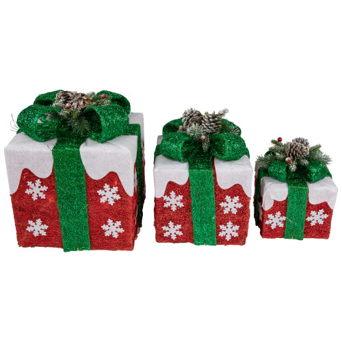 Set of 3 Lighted Red with White Snowflakes Gift Boxes Christmas Decorations - IMAGE 1