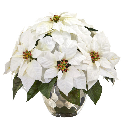 14' White Poinsettia Christmas Artificial Arrangement in Silver Bowl - IMAGE 1