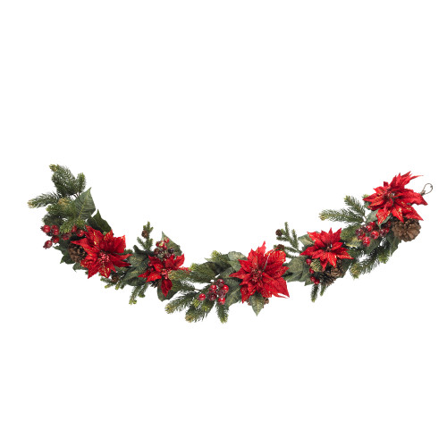 5' x 12" Poinsettia and Berries Artificial Christmas Garland, Unlit - IMAGE 1