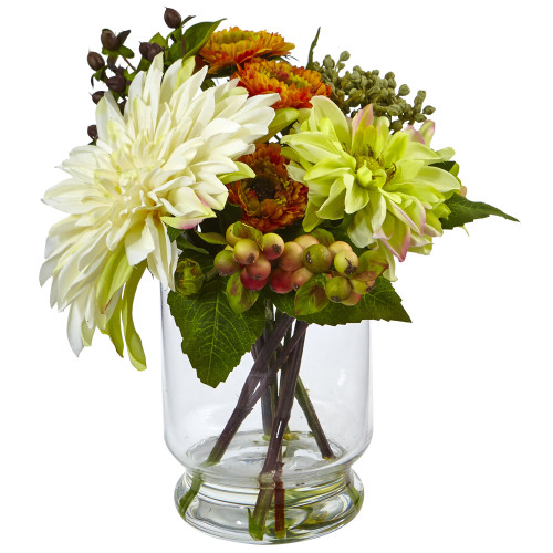 10.5" Mixed Dahlia and Mum Artificial Flower Arrangement with Glass Vase - IMAGE 1