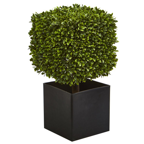 27" Artificial Outdoor Boxwood Plant with Black Planter - IMAGE 1