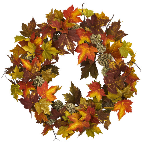 Maple and Pinecone Artificial Fall Harvest Wreath, 24-Inch, Unlit - IMAGE 1