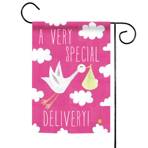 Flying Stork "A Very Special delivery" Outdoor Garden Flag - 18" x 12.5" - Pink - IMAGE 1