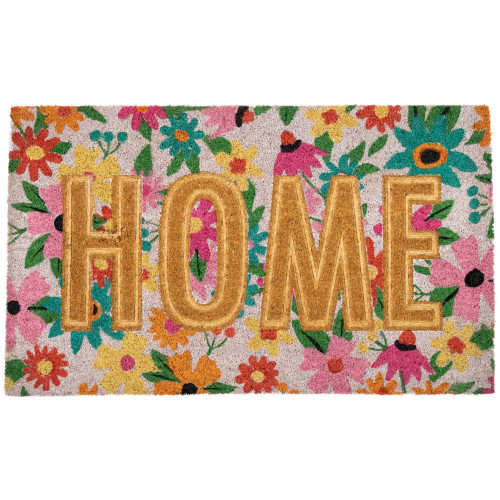 Pink and Orange Floral "Home" Outdoor Natural Coir Doormat 18" x 30" - IMAGE 1