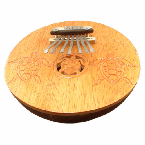6" Brown and Silver Kalimba with Hand-Carved Turtle Design - IMAGE 1