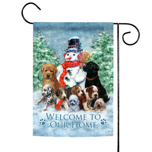 White and Green "WELCOME TO OUR HOME" Snowman with Pups Christmas Outdoor Rectangular Mini Garden Flag 18" x 12.5" - IMAGE 1