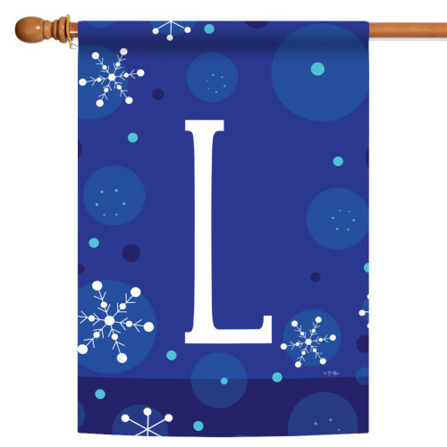 Blue and White Winter Snowflakes Monogram L Outdoor House Flag 40" x 28" - IMAGE 1