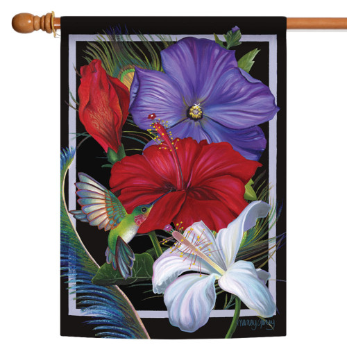Red and Purple Hummingbird Hibiscus Outdoor House Flag 28" x 40" - IMAGE 1