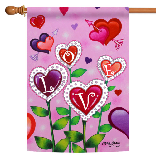 Pink and Green Love Garden Valentines Outdoor House Flag 28" x 40" - IMAGE 1