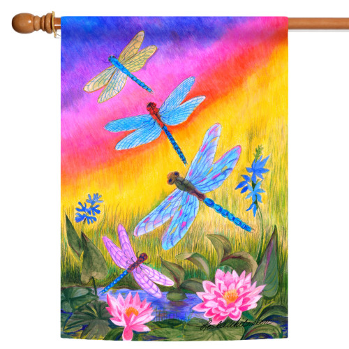Yellow and Pink Dusk Dragonflies Outdoor House Flag 28" x 40" - IMAGE 1