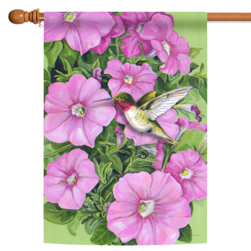 Pink and Green Hummingbird on Petunias Outdoor House Flag 28" x 40" - IMAGE 1