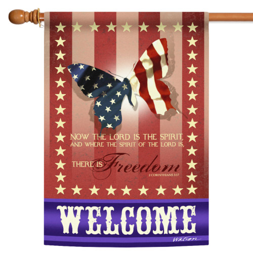 Butterfly There is Freedom "Welcome" Patriotic Outdoor Flag - 40" x 28" - IMAGE 1