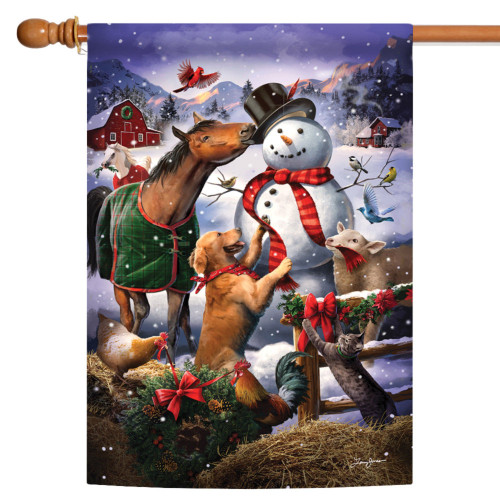 White and Brown Farmyard Snowman Christmas Outdoor House Flag 40" x 28" - IMAGE 1