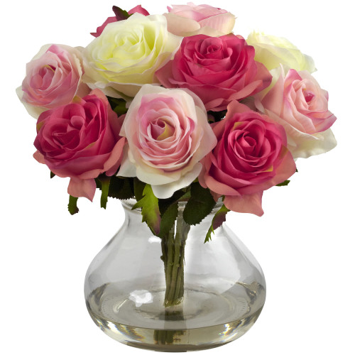 11" Rose Artificial Floral Arrangement with Glass Vase - IMAGE 1