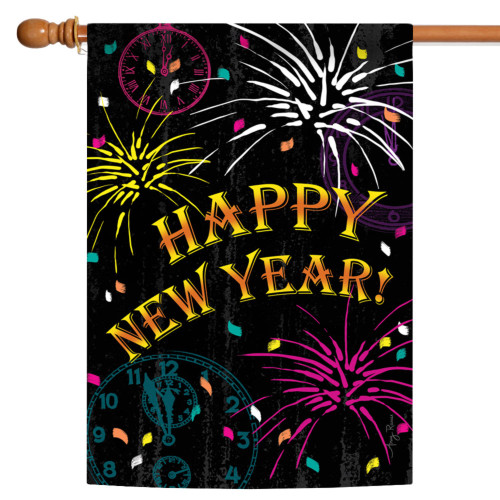 Clocks and Fireworks "Happy New Year!" Outdoor Flag - 40" x 28" - IMAGE 1