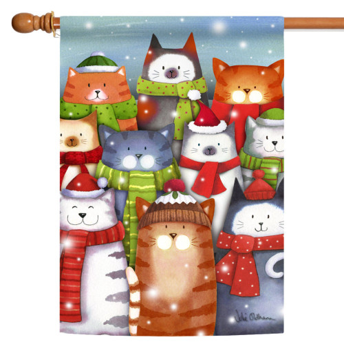 Brown and Gray Cat Caroling Christmas Outdoor House Flag 40" x 28" - IMAGE 1