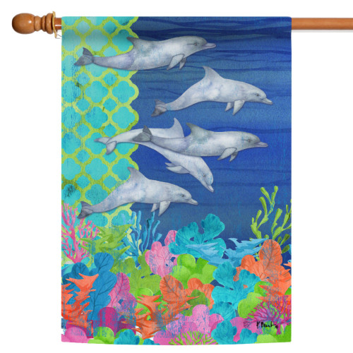 Blue and Green Diving Dolphins Outdoor House Flag 40" x 28" - IMAGE 1