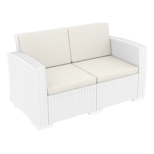 55" White Outdoor Patio Loveseat with Natural Beige Sunbrella Cushion - IMAGE 1
