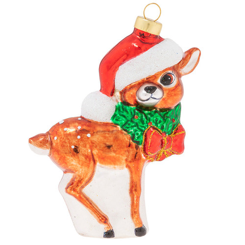 5" Jolly Reindeer Calf in Santa Hat Glass Christmas Ornament - IMAGE 1