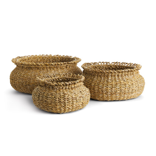 Set of 3 Brown Round Seagrass Loop Plant Baskets 16” - IMAGE 1