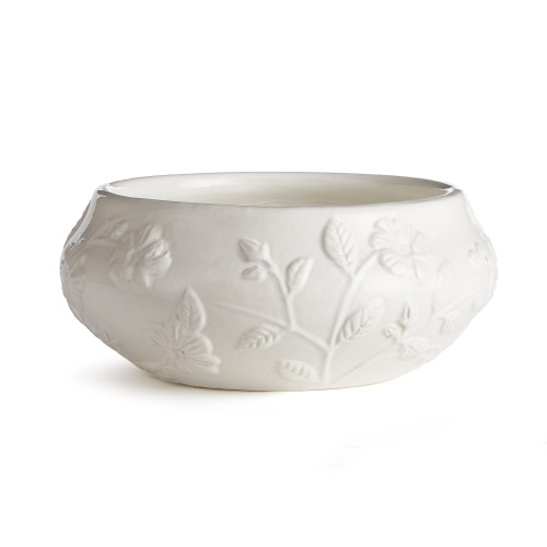14" White Glaze Decorative Floral Bowl - IMAGE 1