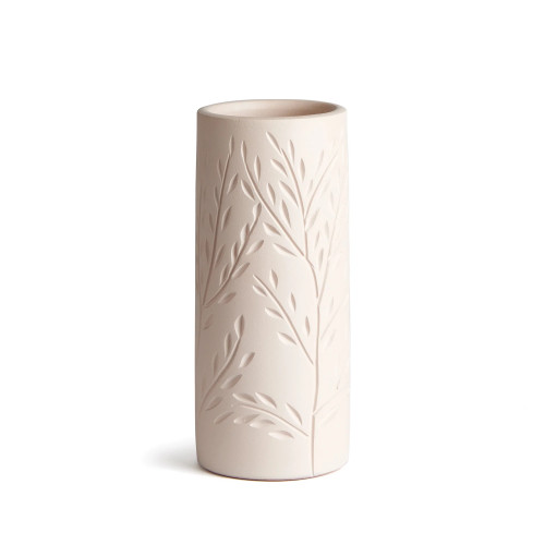 Medium Fern Leaves Cylindrical Terracotta Vase - 9.5” - White - IMAGE 1