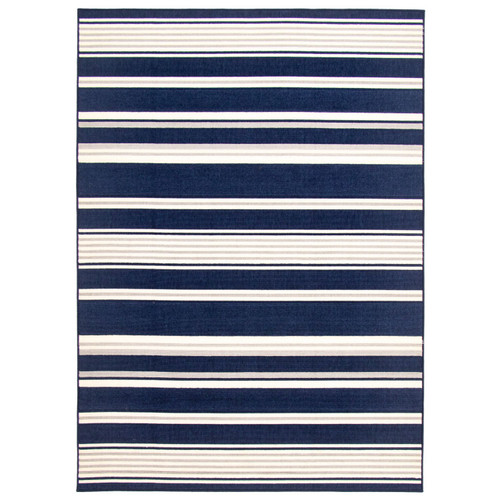 6.5' x 9.5' Striped Rectangular Outdoor Area Throw Rug - Navy Blue and White - IMAGE 1