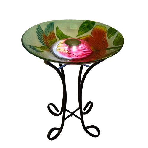 21" Hummingbird with Large Poppy Outdoor Glass Solar Bird Bath with Stand - IMAGE 1