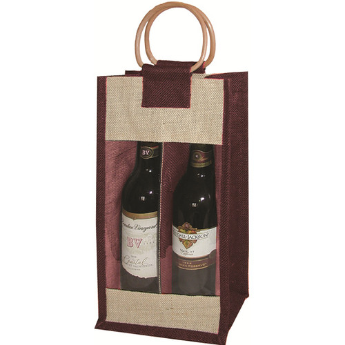 13.5" Burgundy and Brown Jute Bottle Bag with Two Compartment - IMAGE 1