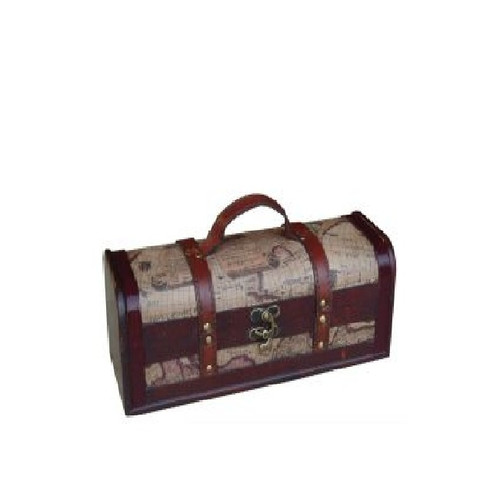 14" Brown and Black Leather Old World Map Design Nautical Wooden Single Wine Bottle  Box - IMAGE 1