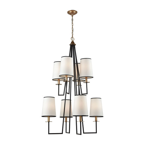 48” Black and Gold Metal Hanging 8-Light Chandelier with Round Hardback Shades - IMAGE 1