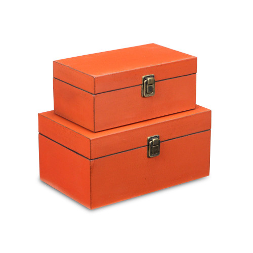 Set of 2 Orange and Gold Distressed Storage Boxes 10.25" - IMAGE 1