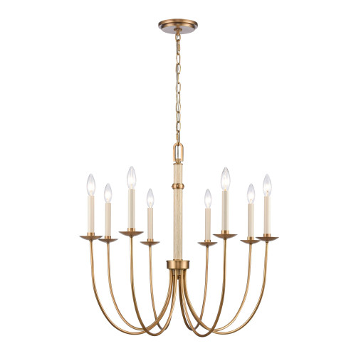 28" Brass and White Swooping Arms 8-Light Chandelier - IMAGE 1