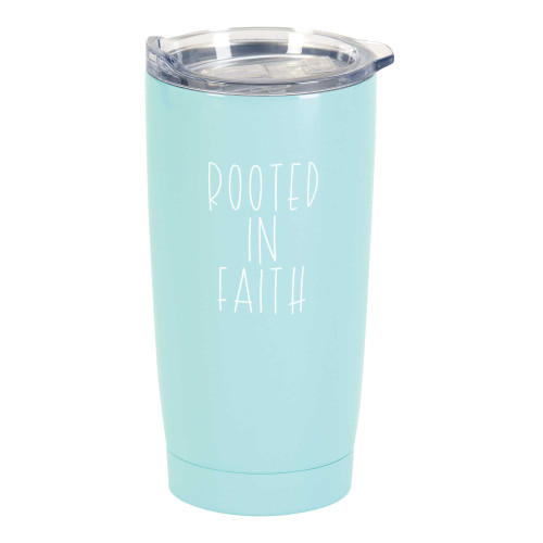 6.75" Blue Stainless Steel Rooted in Faith Travel Tumbler, 20oz. - IMAGE 1