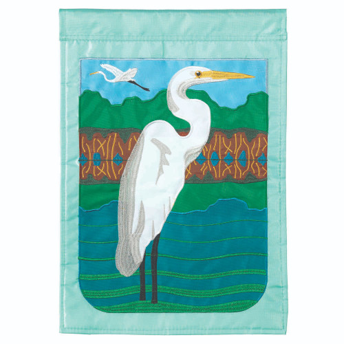 Double Applique River Egret Embroidered Outdoor House Flag - 42" x 29" - IMAGE 1