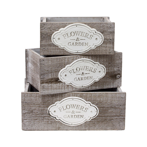 Set of 3 Flowers and Garden Wood Storage Boxes - IMAGE 1