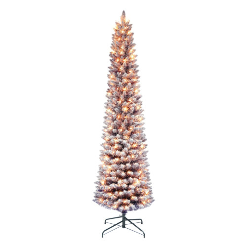Pre-lit Pencil Flocked Purple Artificial Christmas Tree - 6.5’ - Clear Lights - IMAGE 1