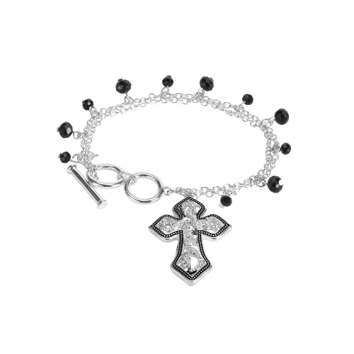 8.5" Silver Cross with Cubic Zirconia and Jet Bead Toggle Double Chain Bracelet - IMAGE 1