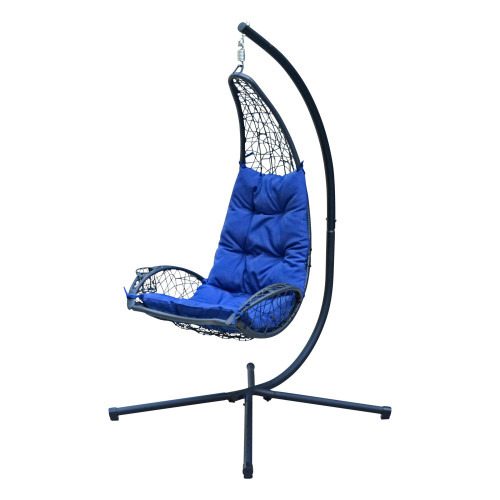 78" Blue and Black Cushioned Rattan Wicker Hanging Chair with Stand - IMAGE 1