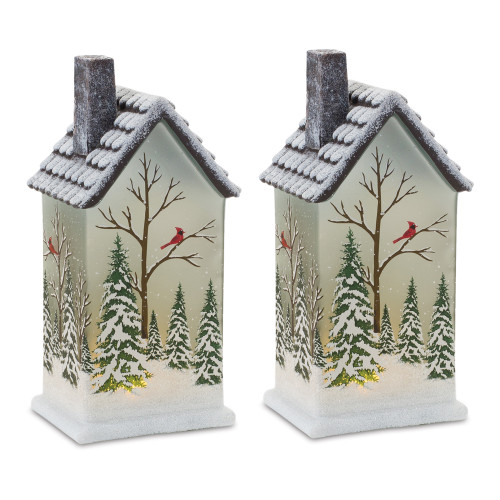 LED Lighted Cardinal Winter Scene Christmas Houses - 9" - Set of 2 - IMAGE 1