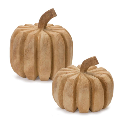 Set of 2 Brown Carved Pumpkin Thanksgiving Tabletop Decorations 9" - IMAGE 1