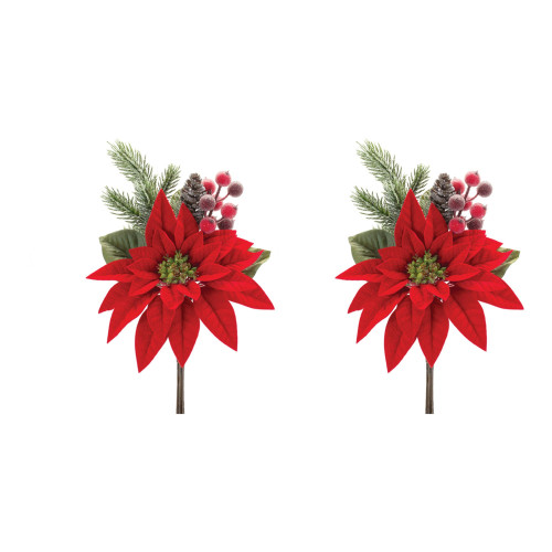 Set of 2 Poinsettia with Berry Artificial Christmas Picks 18" - IMAGE 1