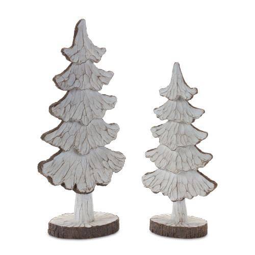 Carved Pine Tree Christmas Tabletop Decorations - 16" - White and Brown - Set of 2 - IMAGE 1