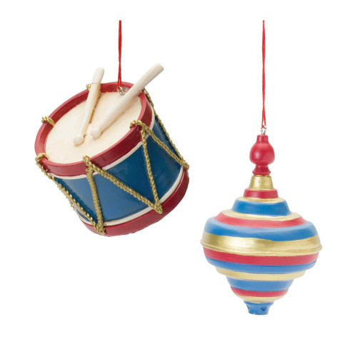 Toy Drum with Top Spinner Christmas Ornaments - 3.75" - Set of 12 - IMAGE 1