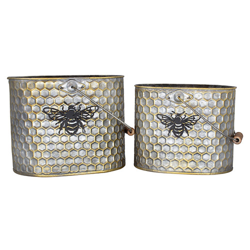 Set of 2 Silver and Gold Honeycomb Bee Buckets with Handles - IMAGE 1