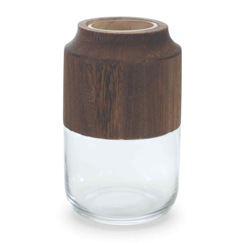 Wooden Cylindrical Vase - 9" - Brown and Clear - IMAGE 1