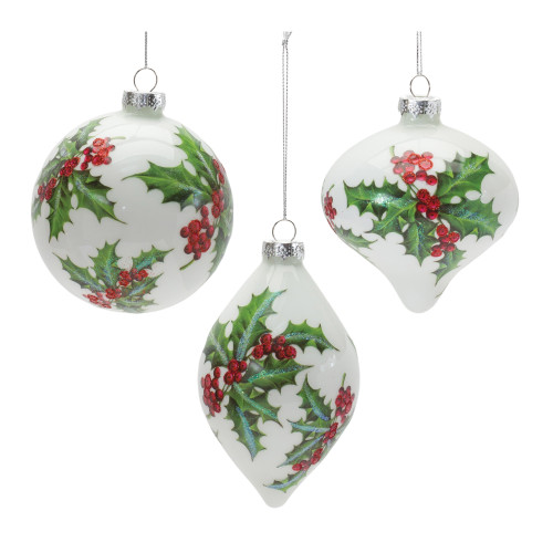 Holly Berry Ball Onion Drop Glass Christmas Ornaments - 6" - 6ct - IMAGE 1
